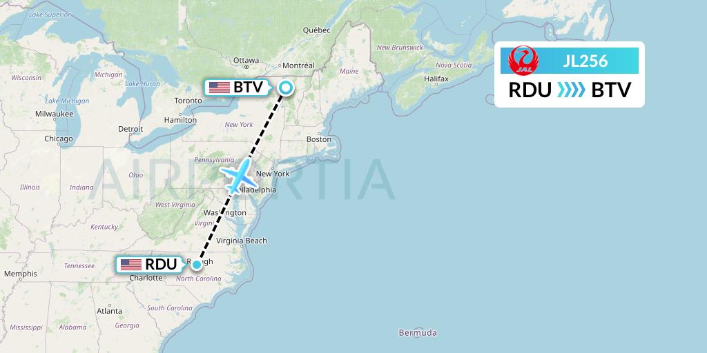 JL256 Japan Airlines Flight Map: Raleigh-Durham to Burlington