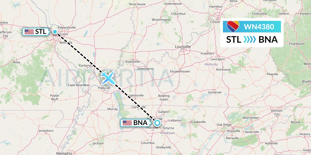 WN4380 Southwest Airlines Flight Map: St. Louis to Nashville