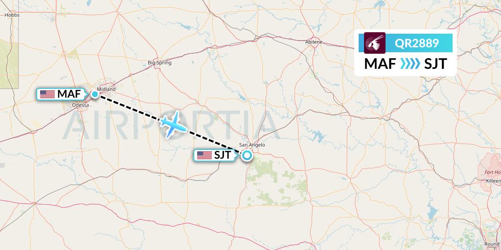 QR2889 Qatar Airways Flight Map: Midland to San Angelo