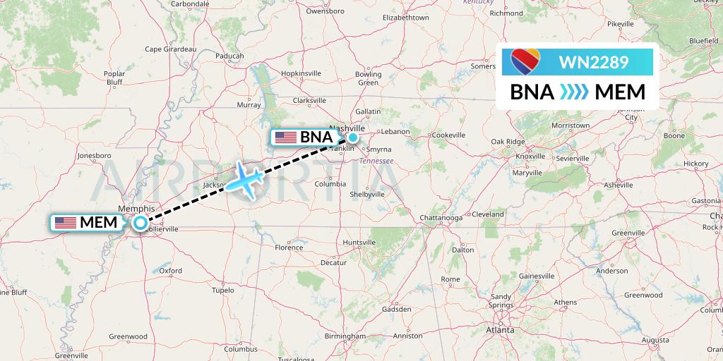 WN2289 Southwest Airlines Flight Map: Nashville to Memphis
