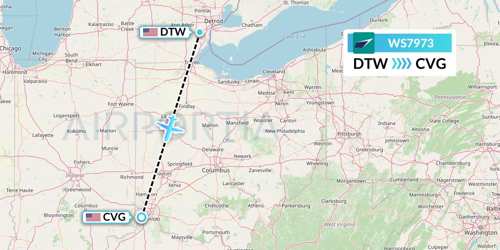 WS7973 WestJet Flight Map: Detroit to Cincinnati