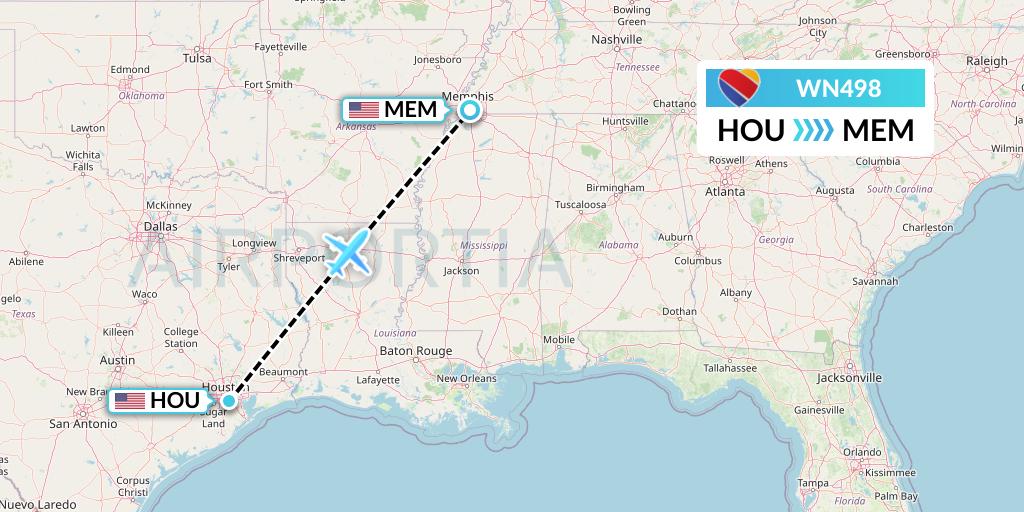 WN498 Southwest Airlines Flight Map: Houston to Memphis