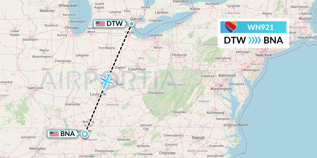 WN921 Southwest Airlines Flight Map: Detroit to Nashville