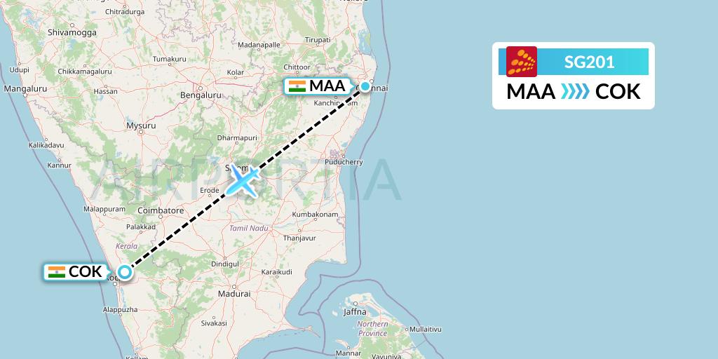 SG201 SpiceJet Flight Map: Chennai to Cochin