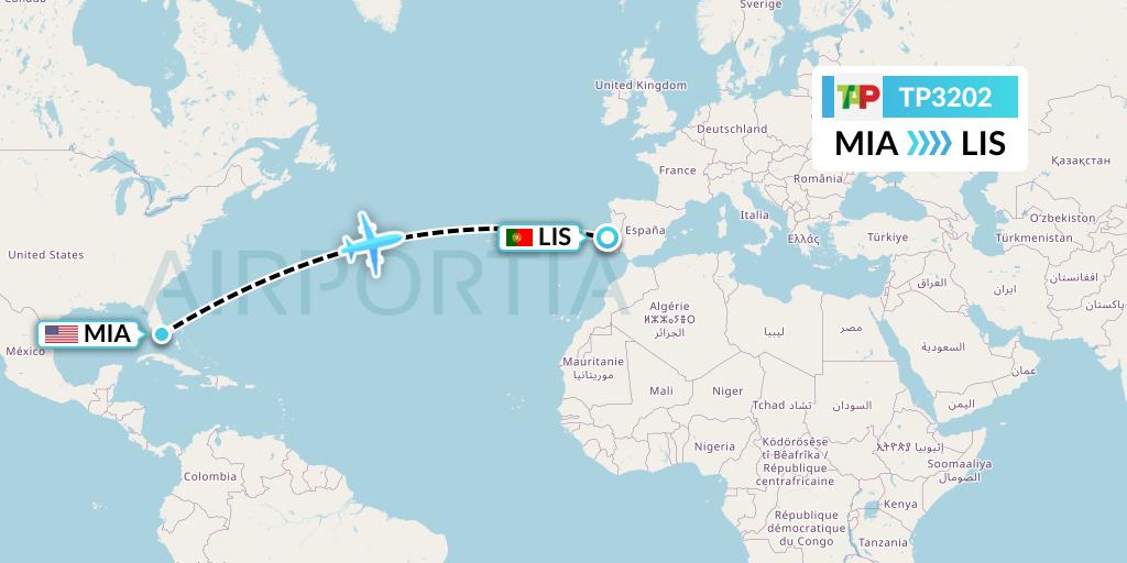 TP3202 TAP Portugal Flight Map: Miami to Lisbon