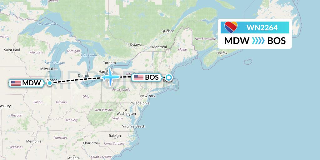 WN2264 Southwest Airlines Flight Map: Chicago to Boston