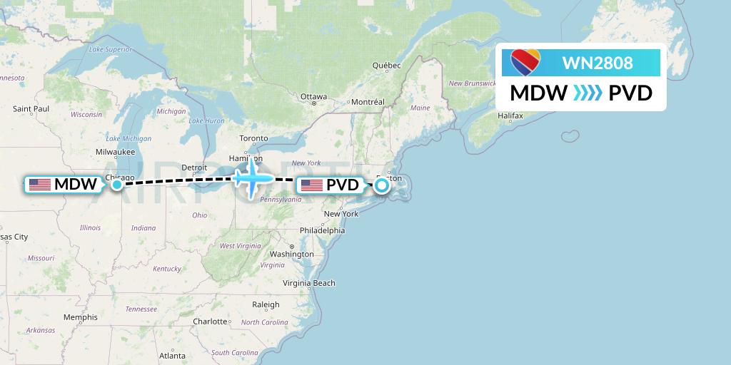 WN2808 Southwest Airlines Flight Map: Chicago to Providence