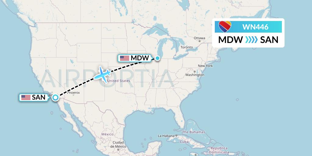 WN446 Southwest Airlines Flight Map: Chicago to San Diego