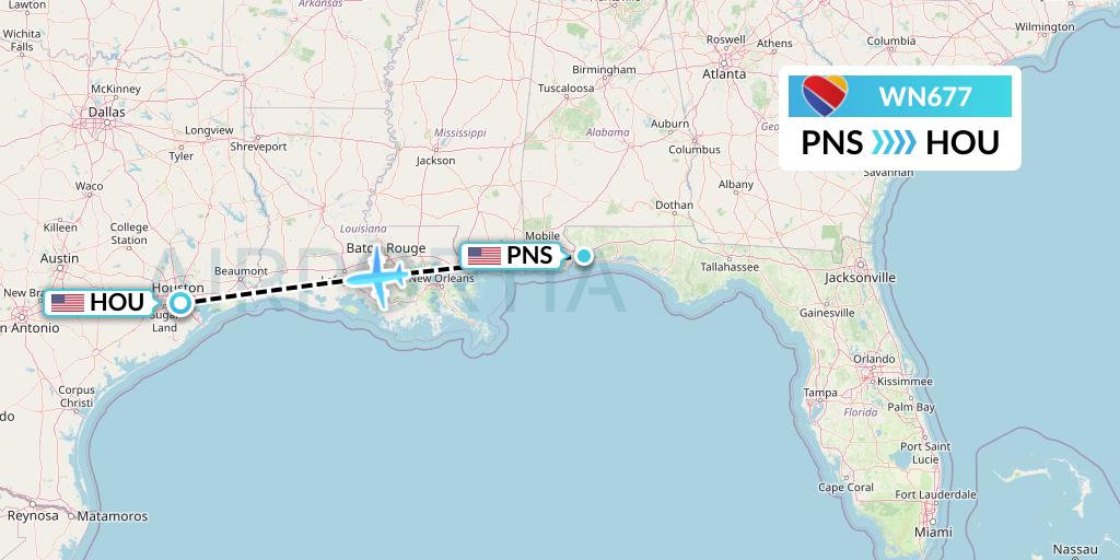 WN677 Southwest Airlines Flight Map: Pensacola to Houston