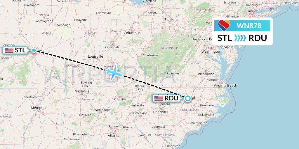 WN878 Southwest Airlines Flight Map: St. Louis to Raleigh-Durham
