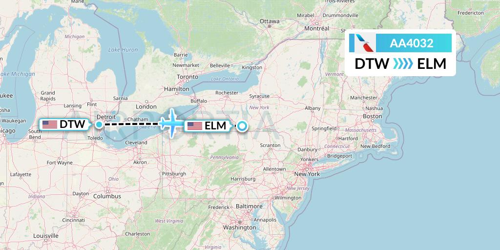 AA4032 American Airlines Flight Map: Detroit to Elmira