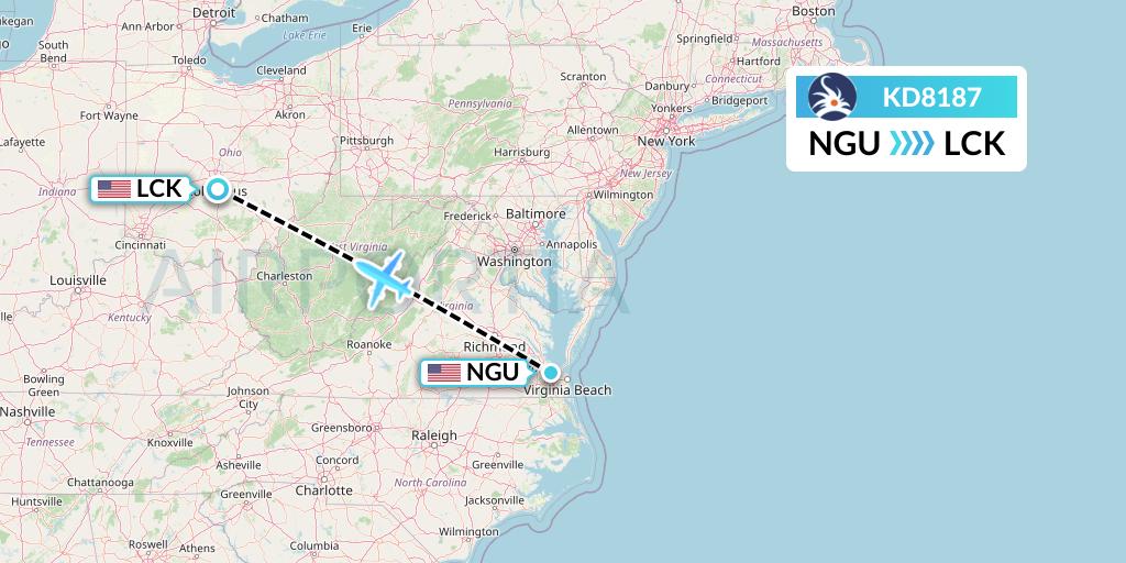 KD8187 KalStar Aviation Flight Map: Norfolk to Columbus