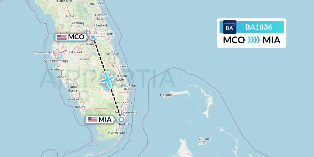BA1836 British Airways Flight Map: Orlando to Miami
