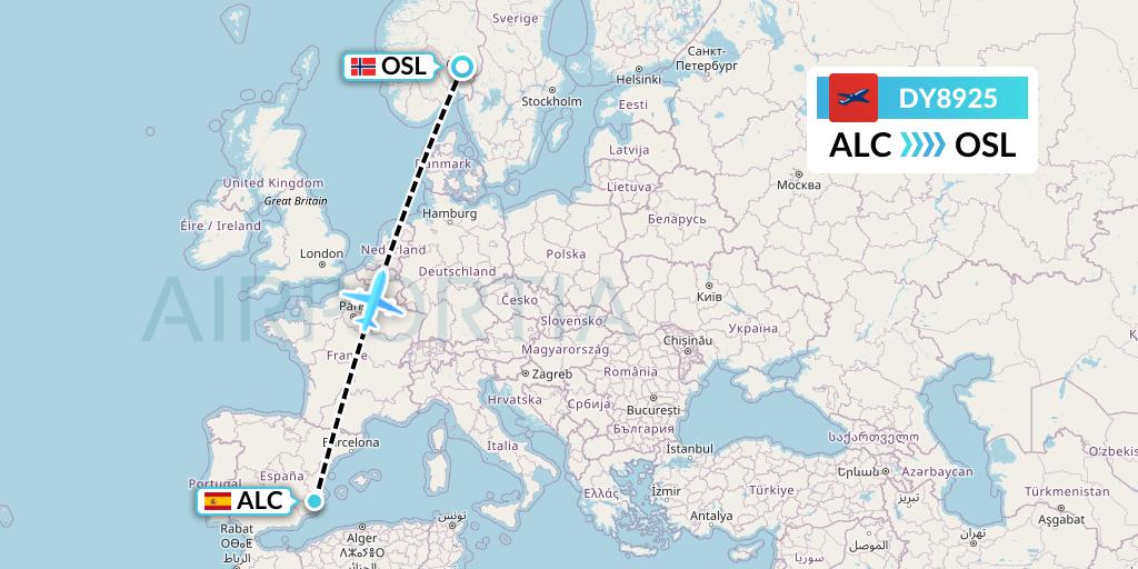 DY8925 Norwegian Flight Map: Alicante to Oslo
