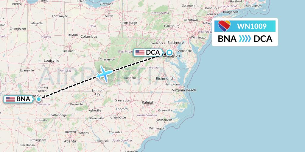 WN1009 Southwest Airlines Flight Map: Nashville to Washington