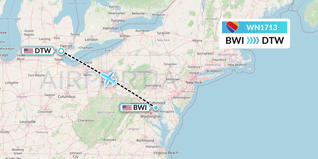 WN1713 Southwest Airlines Flight Map: Baltimore to Detroit