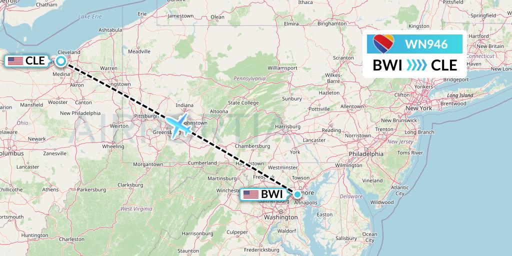 WN946 Southwest Airlines Flight Map: Baltimore to Cleveland