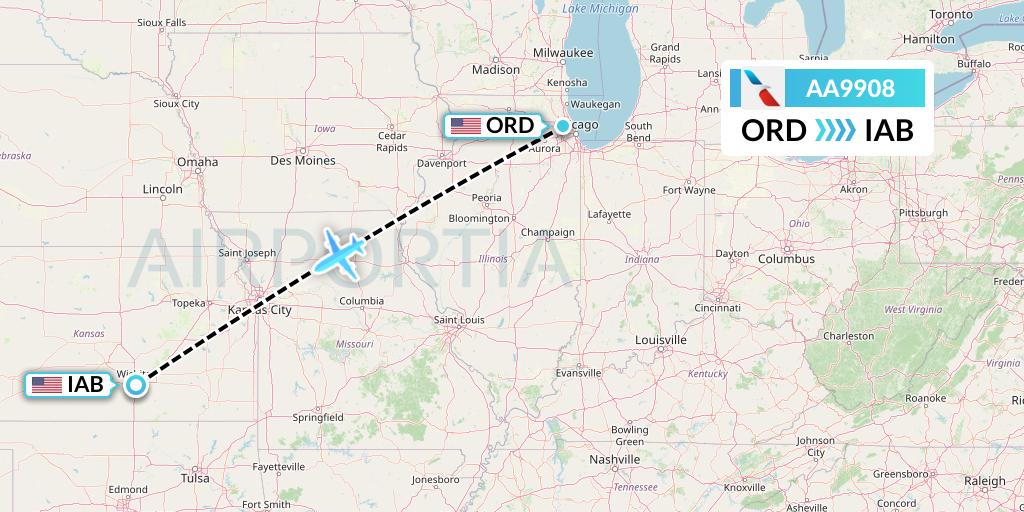 AA9908 American Airlines Flight Map: Chicago to Wichita