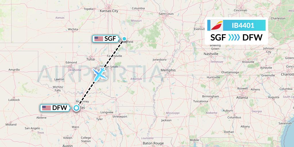 IB4401 Iberia Flight Map: Springfield to Dallas