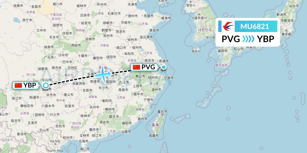 MU6821 China Eastern Airlines Flight Map: Shanghai to Yibin