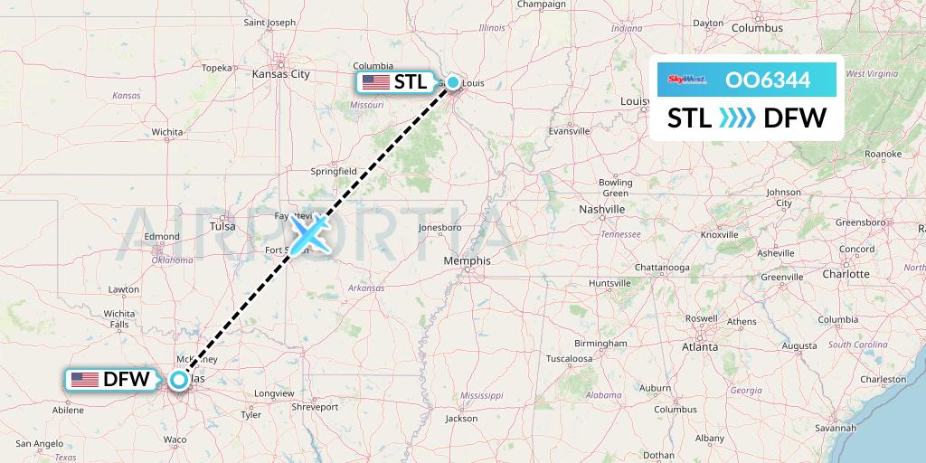 OO6344 SkyWest Airlines Flight Map: St. Louis to Dallas