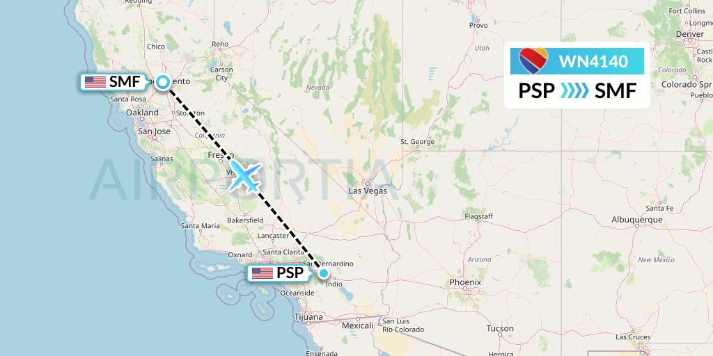 WN4140 Southwest Airlines Flight Map: Palm Springs to Sacramento