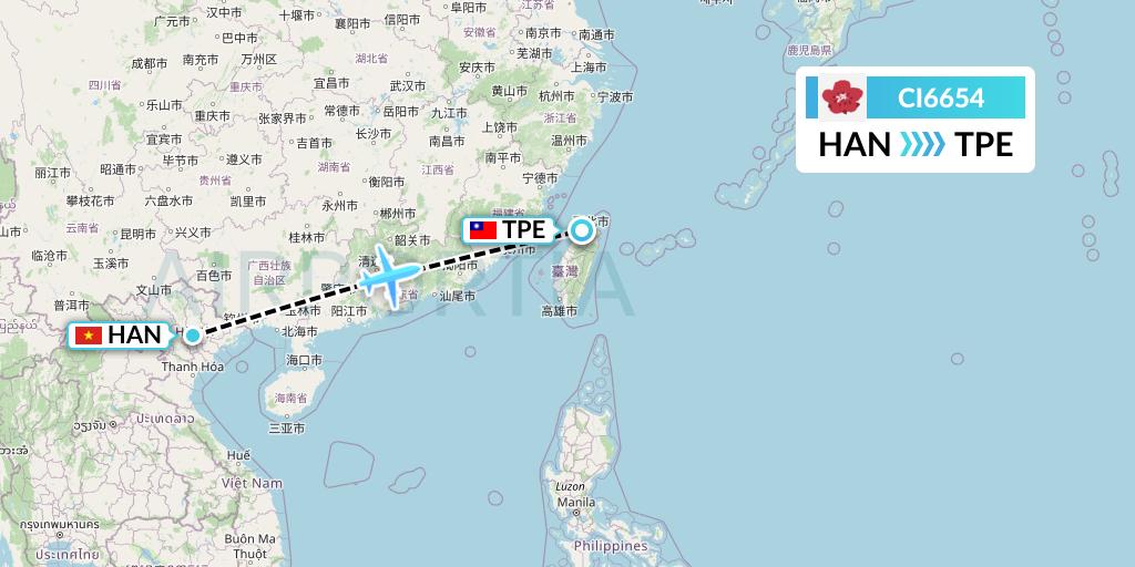CI6654 China Airlines Flight Map: Hanoi to Taipei