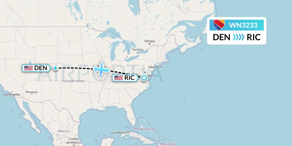 WN3233 Southwest Airlines Flight Map: Denver to Richmond