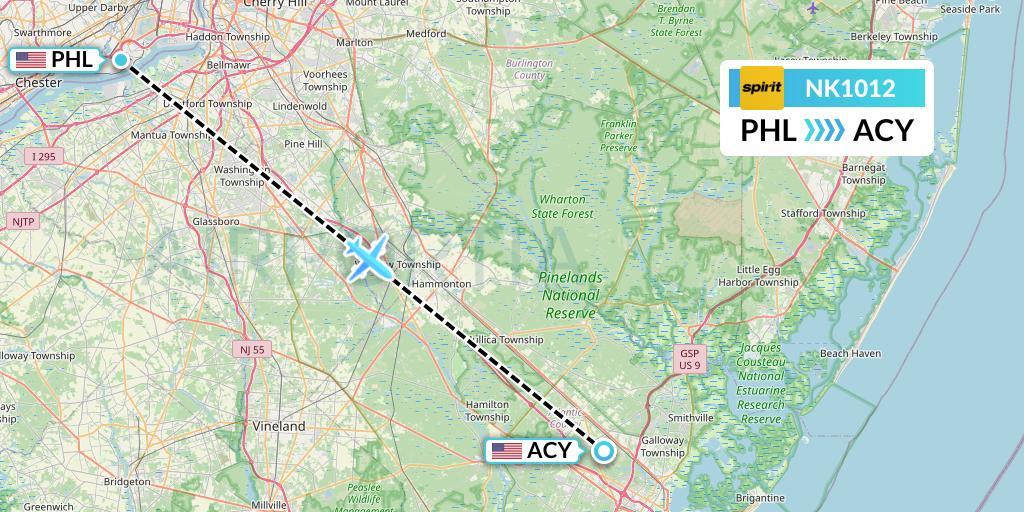 NK1012 Spirit Airlines Flight Map: Philadelphia to Atlantic City