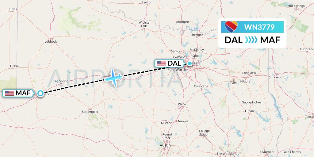 WN3779 Southwest Airlines Flight Map: Dallas to Midland