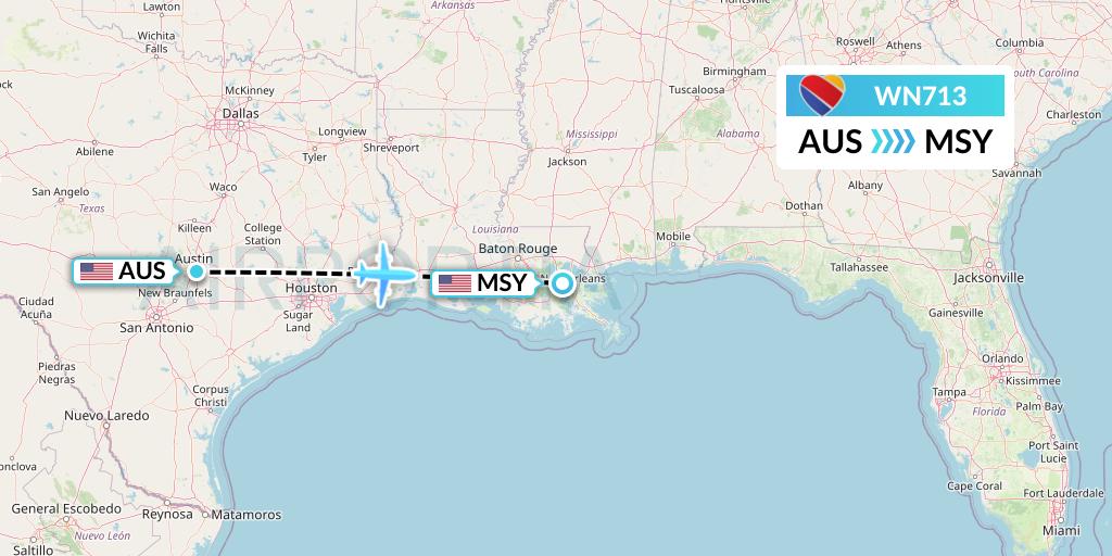 WN713 Southwest Airlines Flight Map: Austin to New Orleans