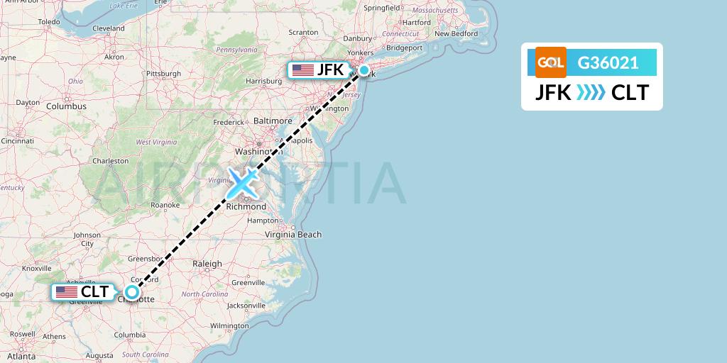 G36021 GOL Transportes Aeros Flight Map: New York to Charlotte