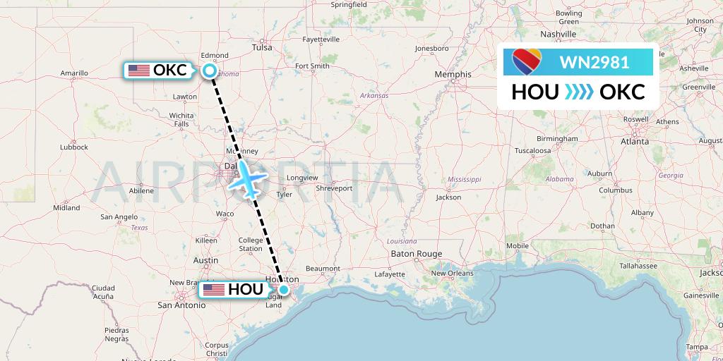 WN2981 Southwest Airlines Flight Map: Houston to Oklahoma City