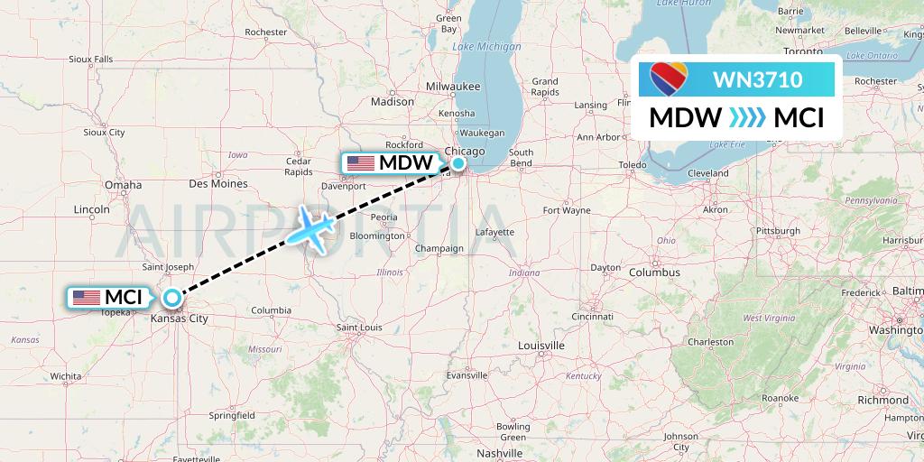 WN3710 Southwest Airlines Flight Map: Chicago to Kansas City