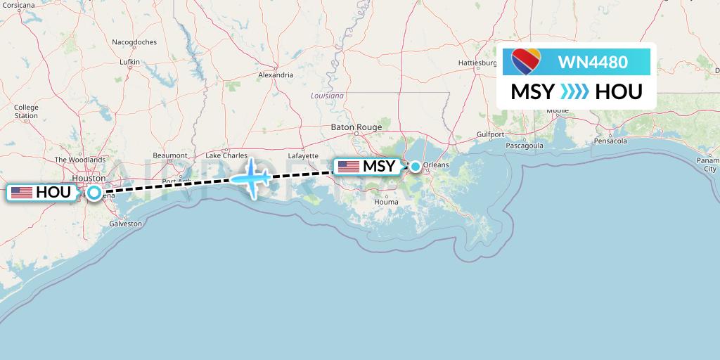 WN4480 Southwest Airlines Flight Map: New Orleans to Houston