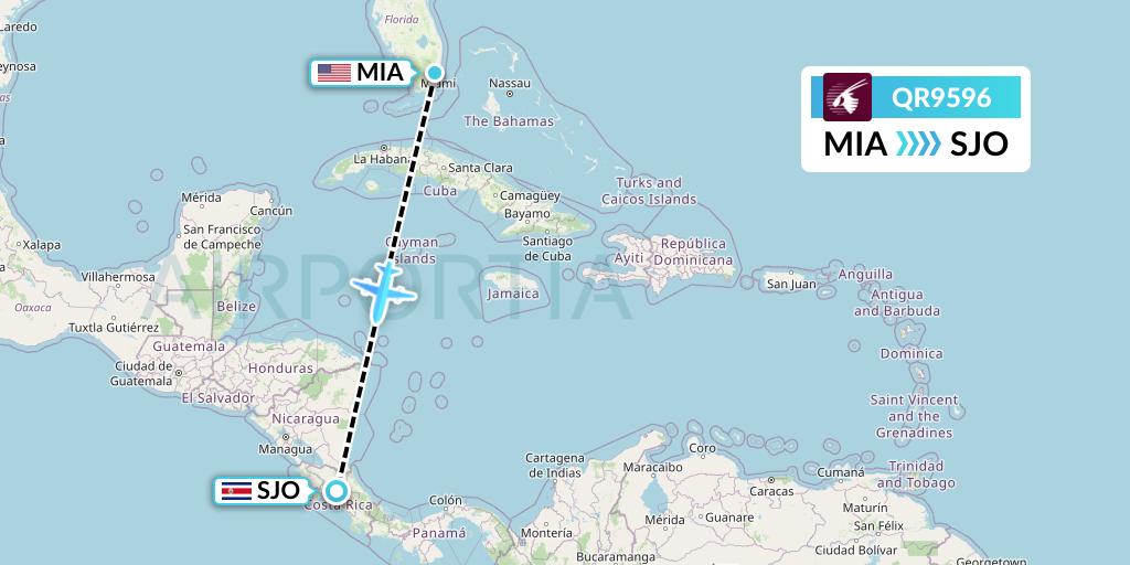 QR9596 Qatar Airways Flight Map: Miami to San Jose