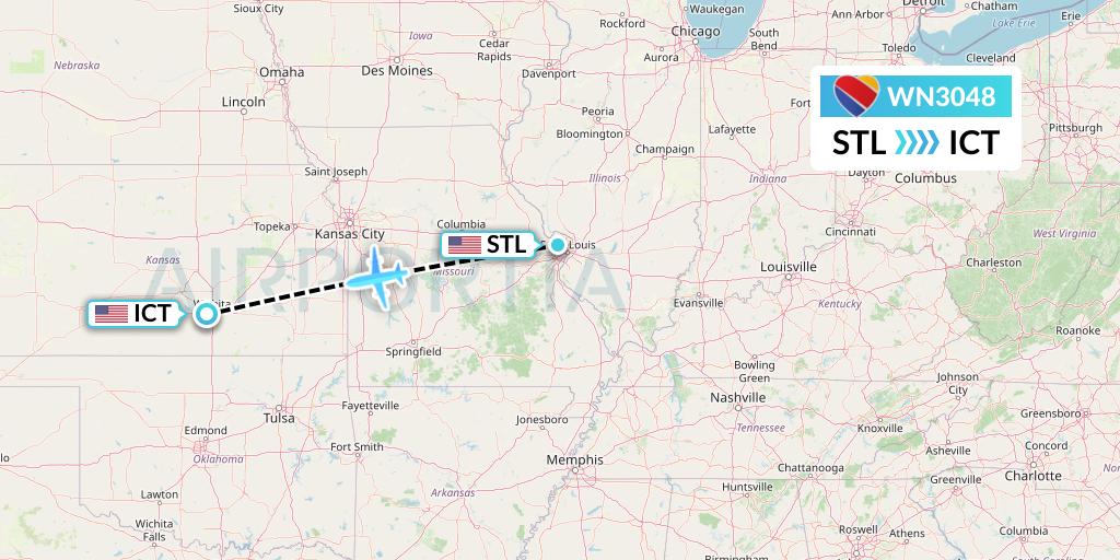 WN3048 Southwest Airlines Flight Map: St. Louis to Wichita