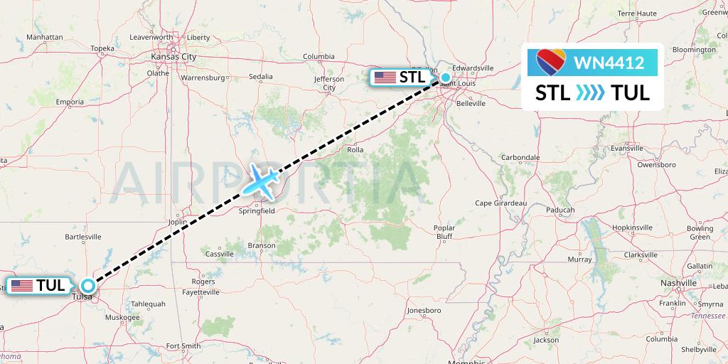 WN4412 Southwest Airlines Flight Map: St. Louis to Tulsa