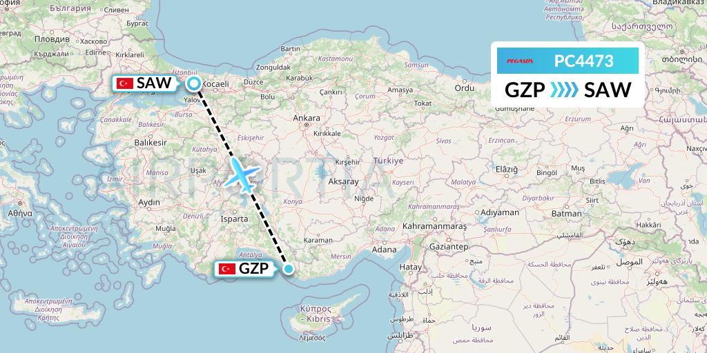 PC4473 Pegasus Airlines Flight Map: Gazipasa to Istanbul