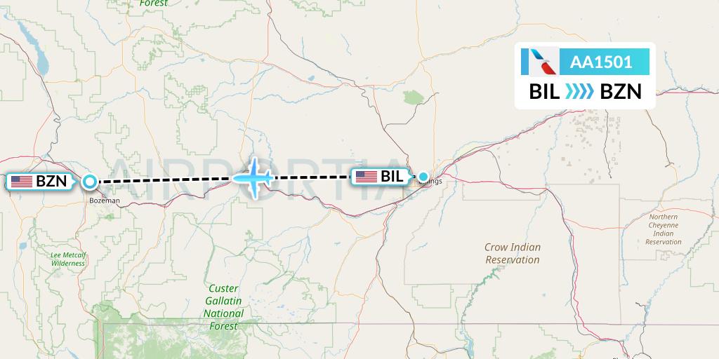 AA1501 American Airlines Flight Map: Billings to Bozeman