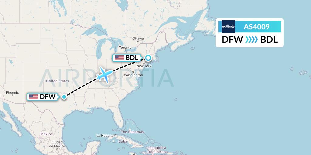 AS4009 Alaska Airlines Flight Map: Dallas to Windsor Locks