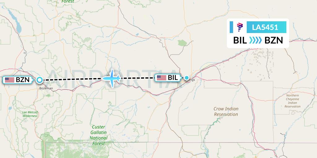 LA5451 LAN Airlines Flight Map: Billings to Bozeman