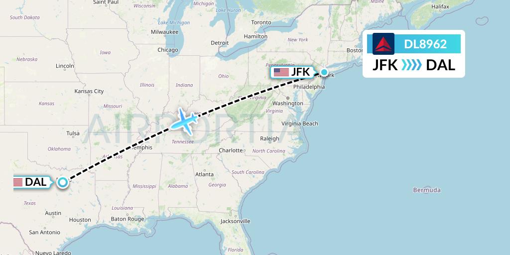 DL8962 Delta Air Lines Flight Map: New York to Dallas