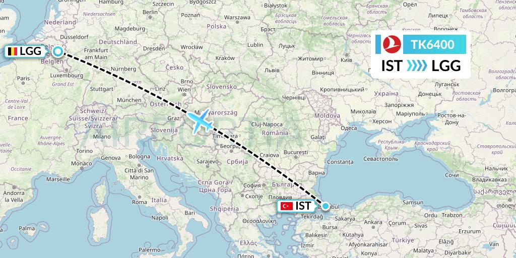TK6400 Turkish Airlines Flight Map: Istanbul to Liege