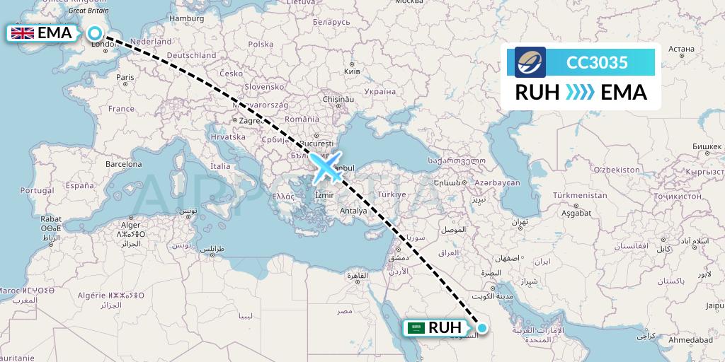 CC3035 CM Airlines Flight Map: Riyadh to East Midlands