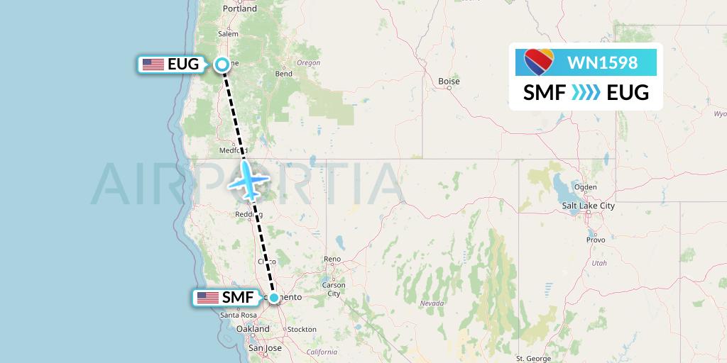 WN1598 Southwest Airlines Flight Map: Sacramento to Eugene