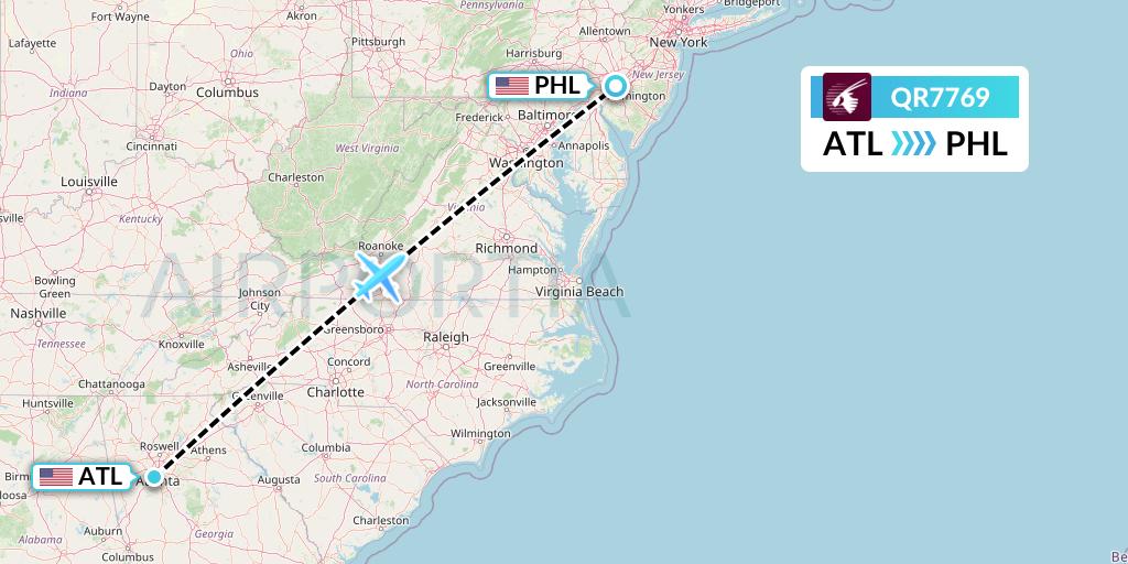 QR7769 Qatar Airways Flight Map: Atlanta to Philadelphia
