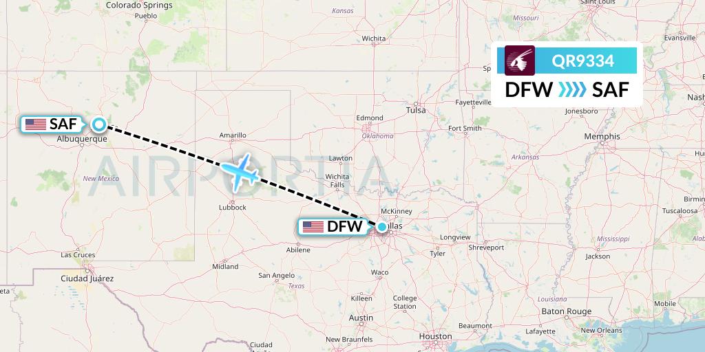 QR9334 Qatar Airways Flight Map: Dallas to Santa Fe