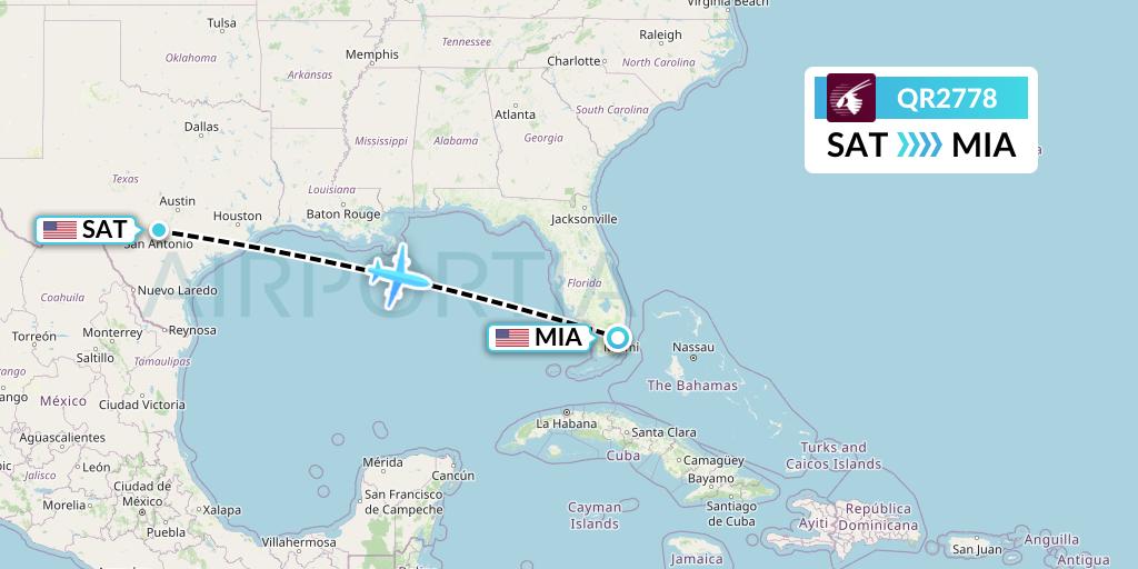 QR2778 Qatar Airways Flight Map: San Antonio to Miami