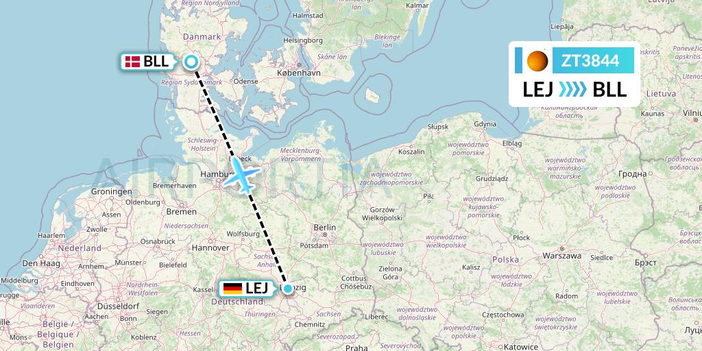 ZT3844 Titan Airways Flight Map: Leipzig to Billund